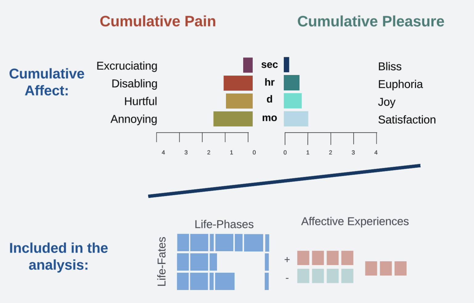 Welfare Footprint notation — Cumulative Affect shown as paired horizontal bars for Cumulative Pain (Excruciating, Disabling, Hurtful, Annoying) and Cumulative Pleasure (Bliss, Euphoria, Joy, Satisfaction), with a diagram of Life-Fates, Life-Phases, and Affective Experiences included in the analysis.