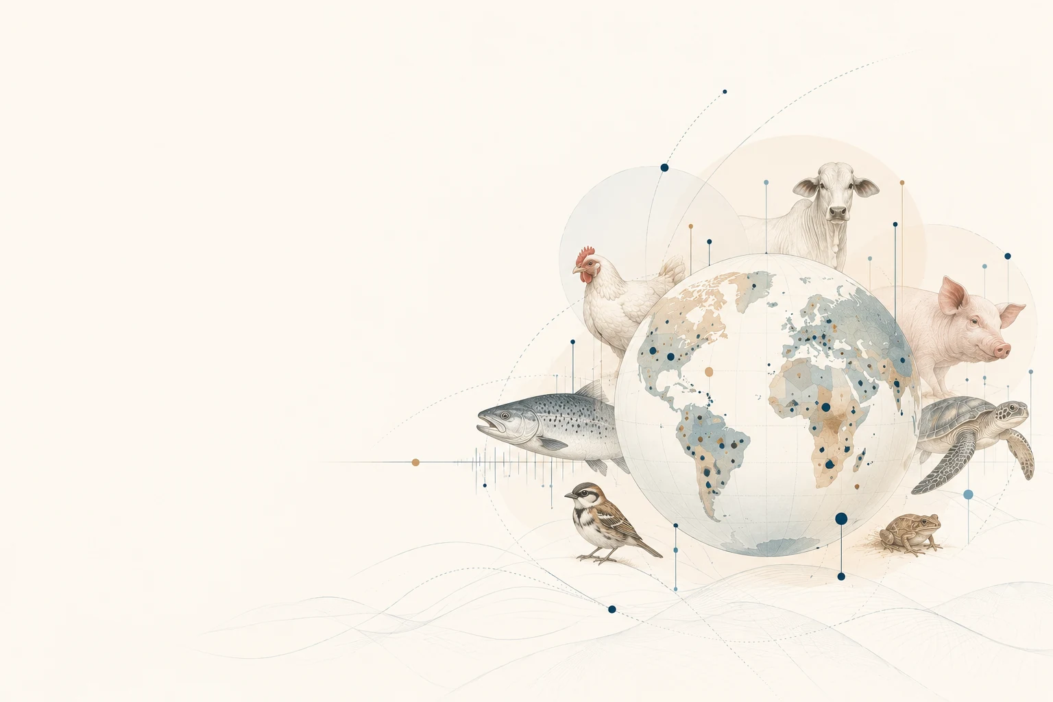 Illustration of a globe with animals of many species and welfare hotspots