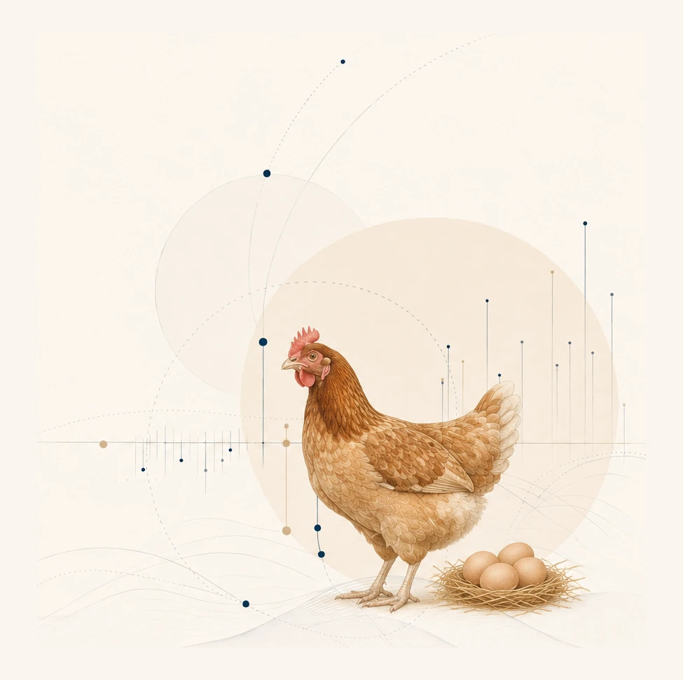 Illustration of laying hens in a nest beside eggs