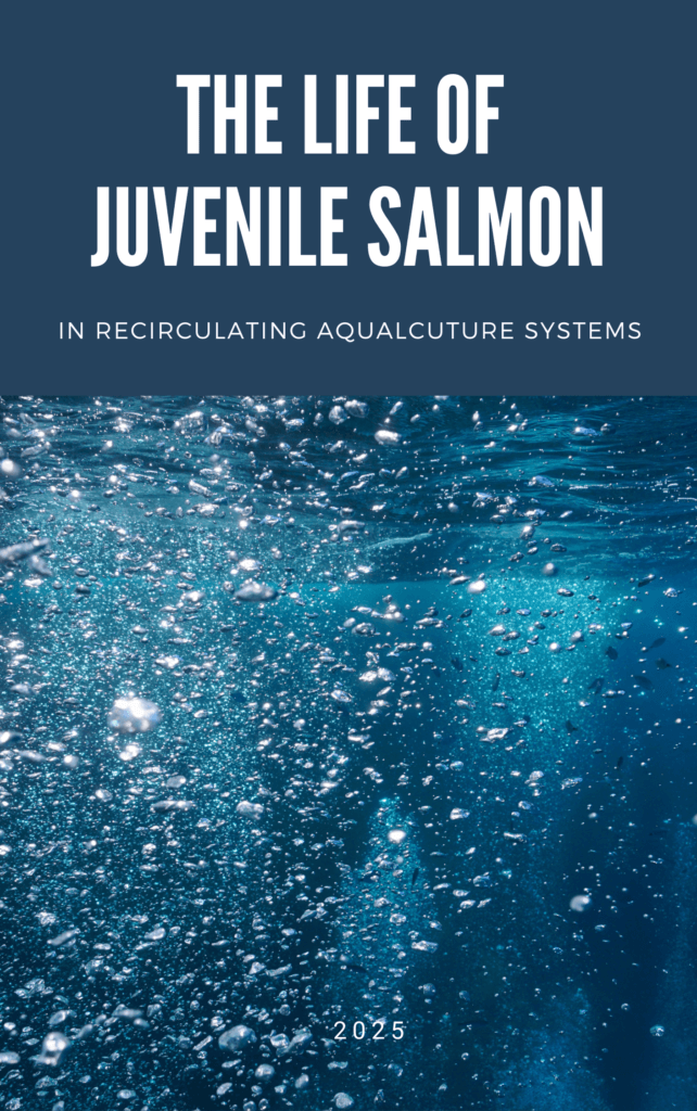 Cover of the forthcoming book The Life of Juvenile Salmon in Recirculating Aquaculture Systems, with a salmon swimming.
